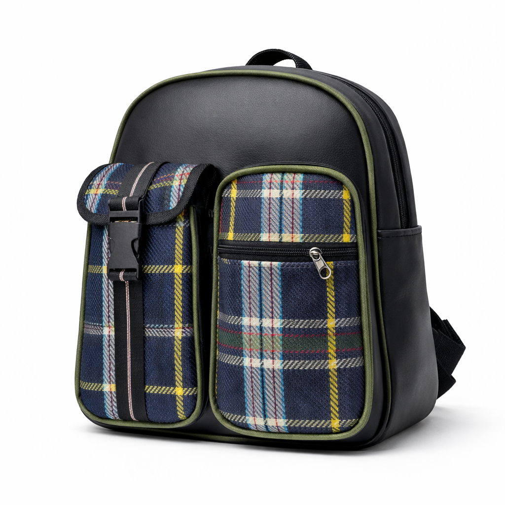 Quality Black Backpack with Plaid Front Pockets